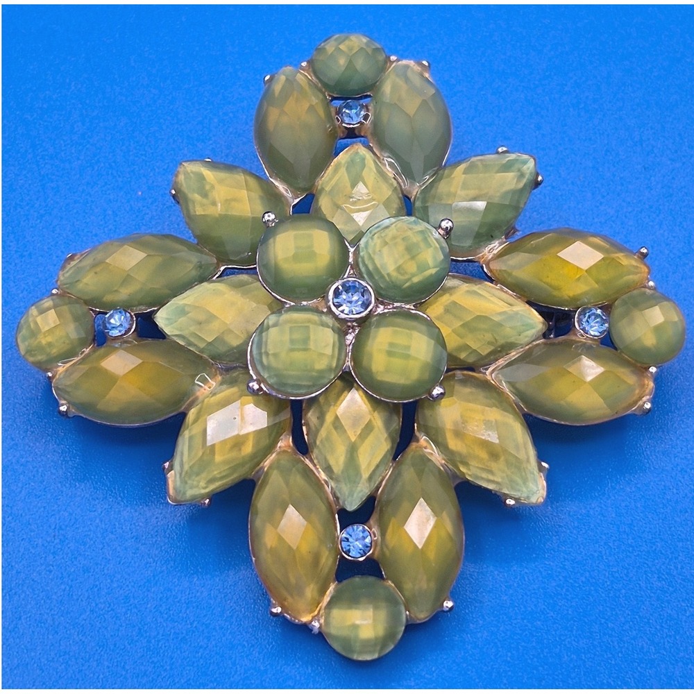 Liz Claiborne Brooch Green Blue Rhinestone Silver Tone Starburst Pin Statement